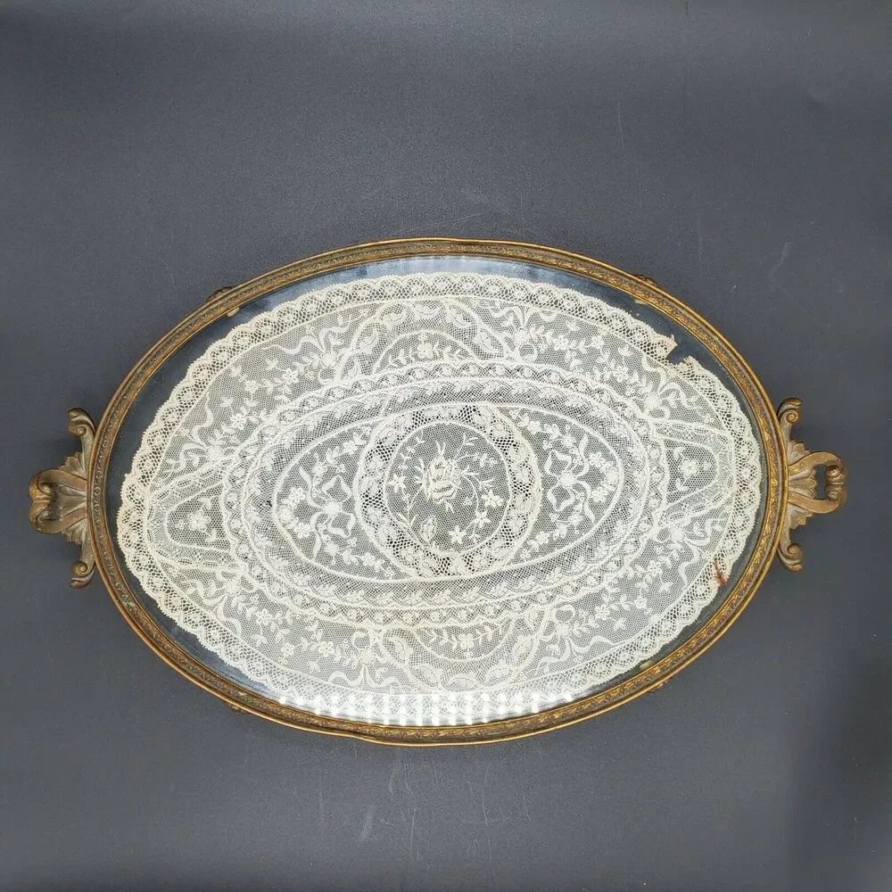 Etchardt VTG Antique 1920's Vanity Tray Silver Handles Lace Glass Brass Copper